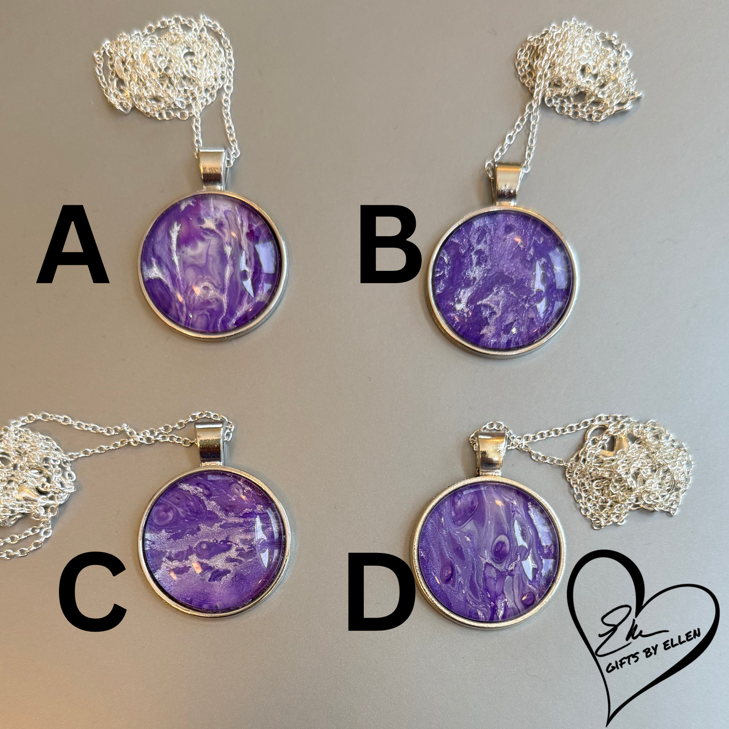 Fluid Art Necklace, Round Pendant, Glass Cabochon, Purple Passion Collection