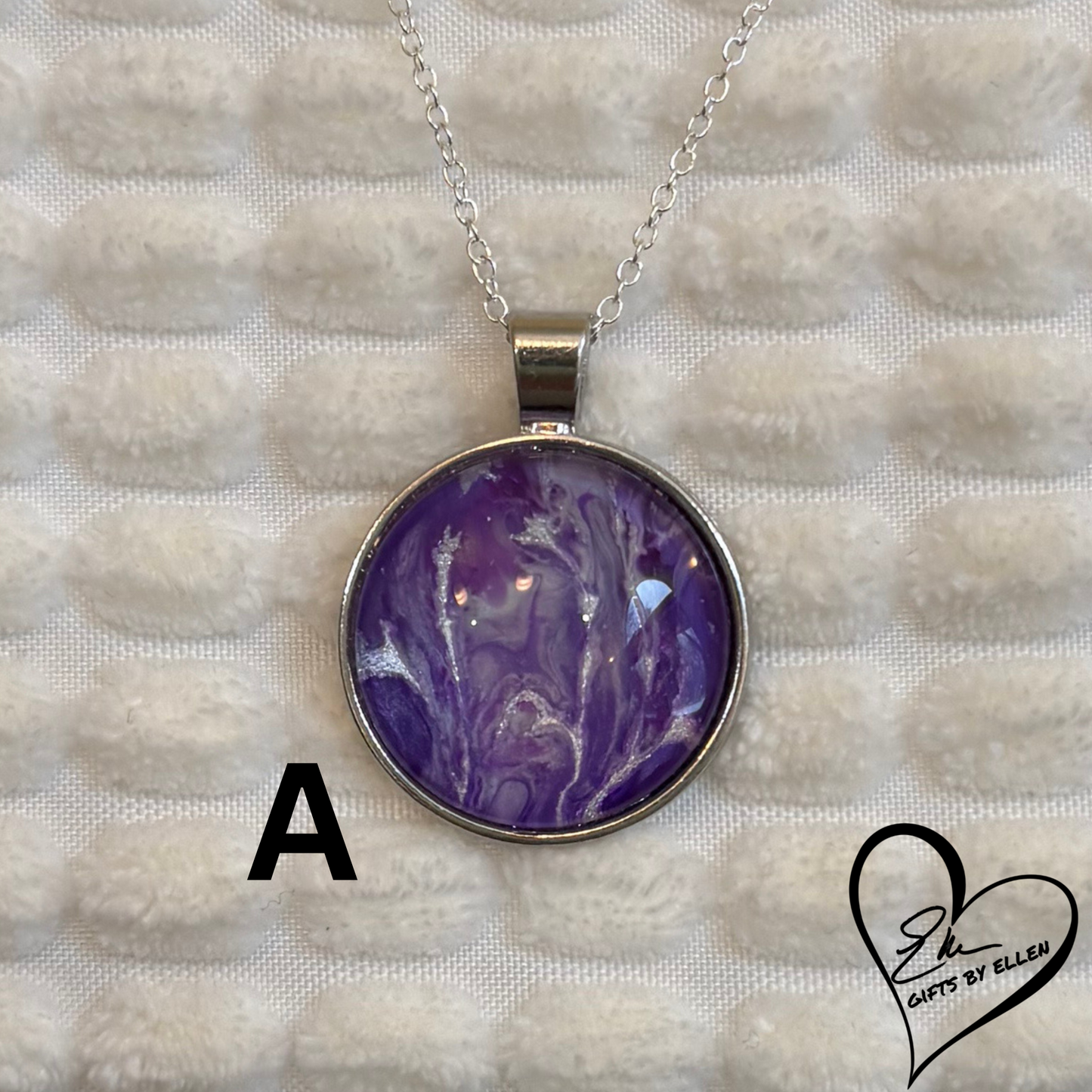 Fluid Art Necklace, Round Pendant, Glass Cabochon, Purple Passion Collection