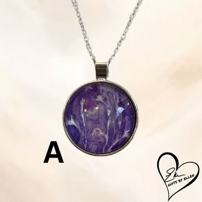 Fluid Art Necklace, Round Pendant, Glass Cabochon, Purple Passion Collection