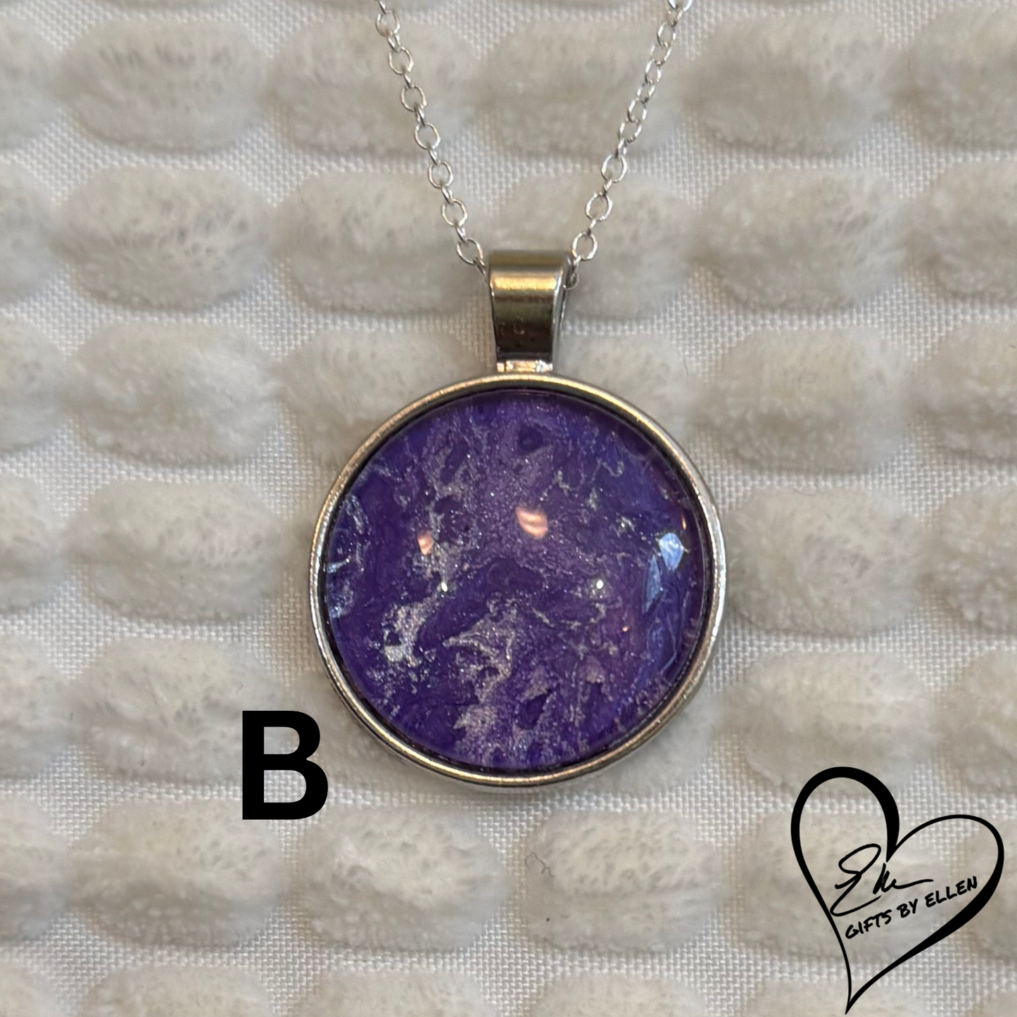 Fluid Art Necklace, Round Pendant, Glass Cabochon, Purple Passion Collection