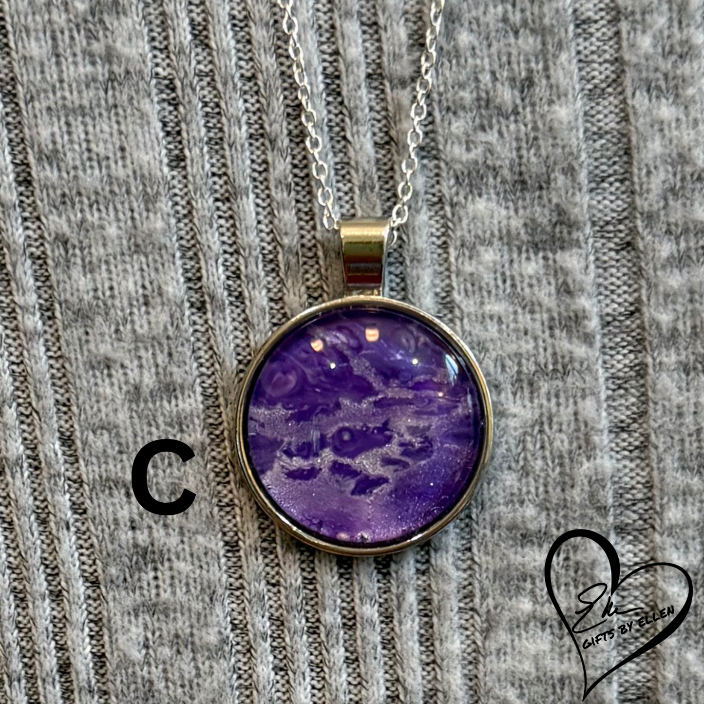 Fluid Art Necklace, Round Pendant, Glass Cabochon, Purple Passion Collection