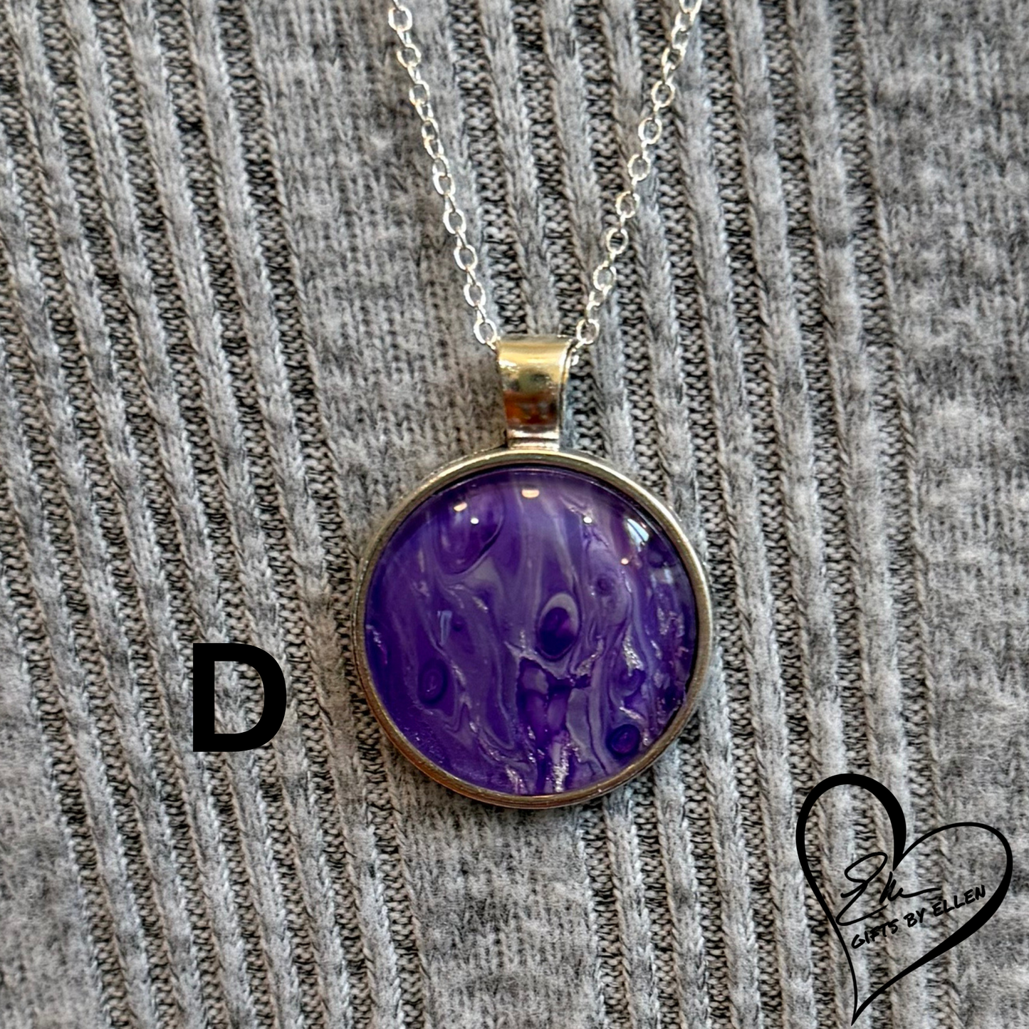 Fluid Art Necklace, Round Pendant, Glass Cabochon, Purple Passion Collection