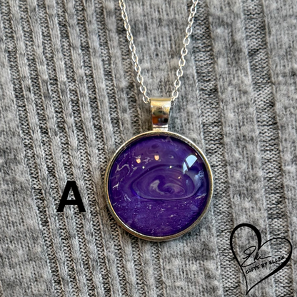 Fluid Art Necklace, Round Pendant, Glass Cabochon, Purple Passion Collection