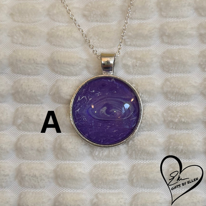 Fluid Art Necklace, Round Pendant, Glass Cabochon, Purple Passion Collection