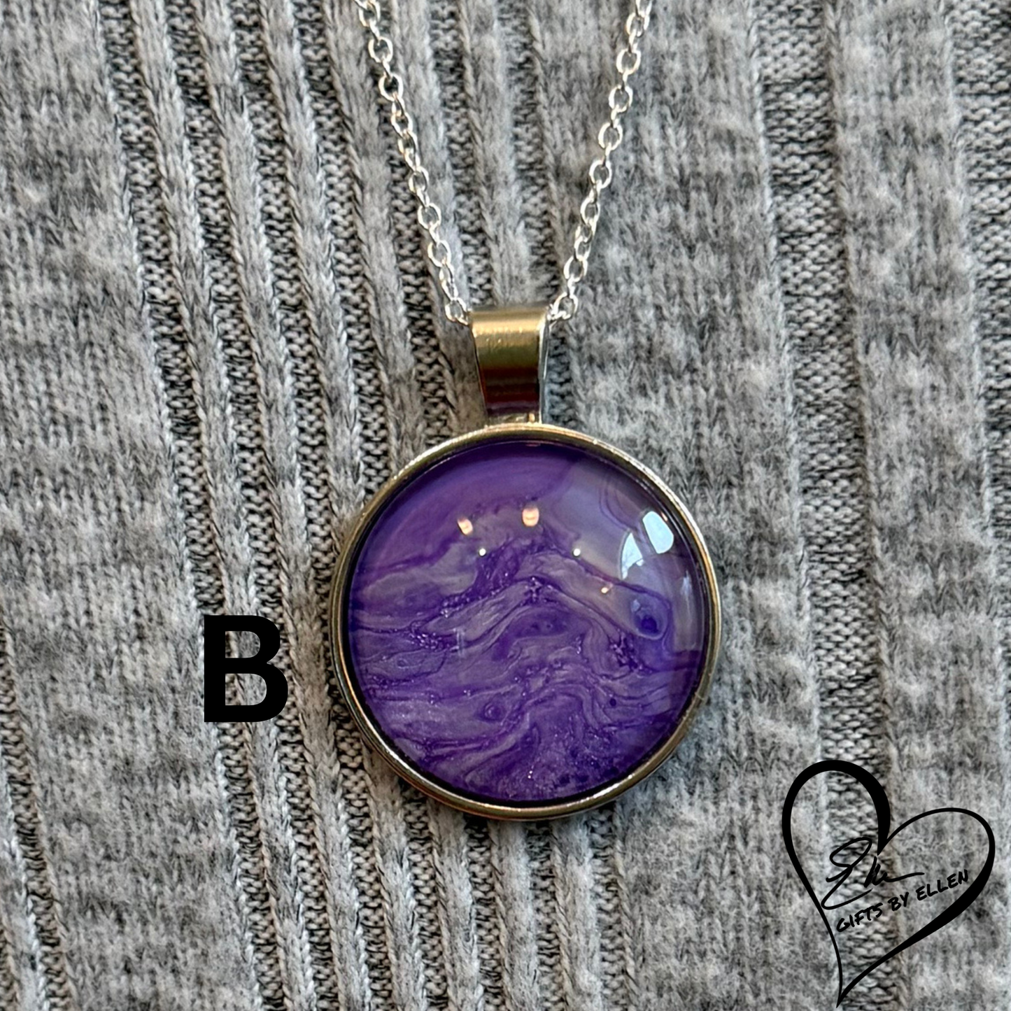 Fluid Art Necklace, Round Pendant, Glass Cabochon, Purple Passion Collection